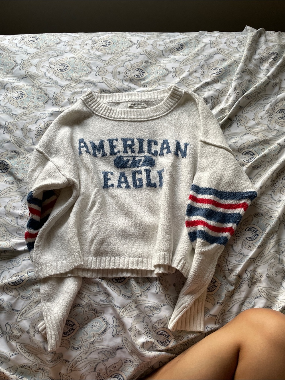 American Eagle Outfitters Cream Crewneck Sweater with Navy & Red Stripe Sleeves